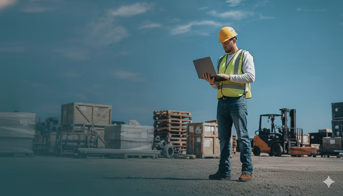 Construction worker on site reviewing project documents